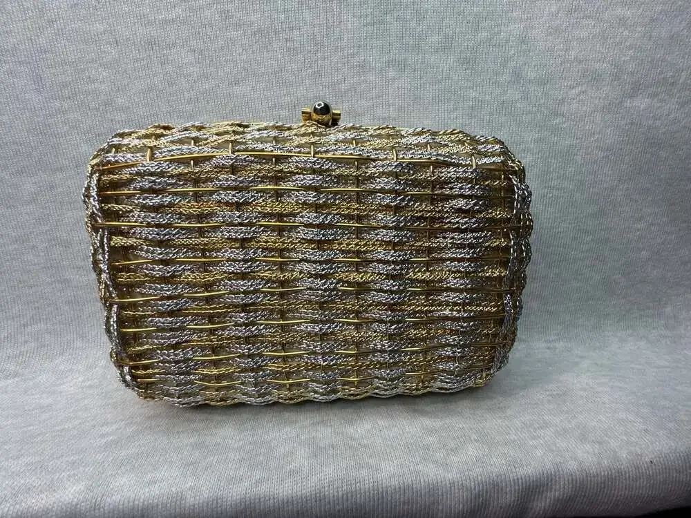 Vintage Koret Two-Tone Gold and Silver Metallic Woven Hard Box Clutch